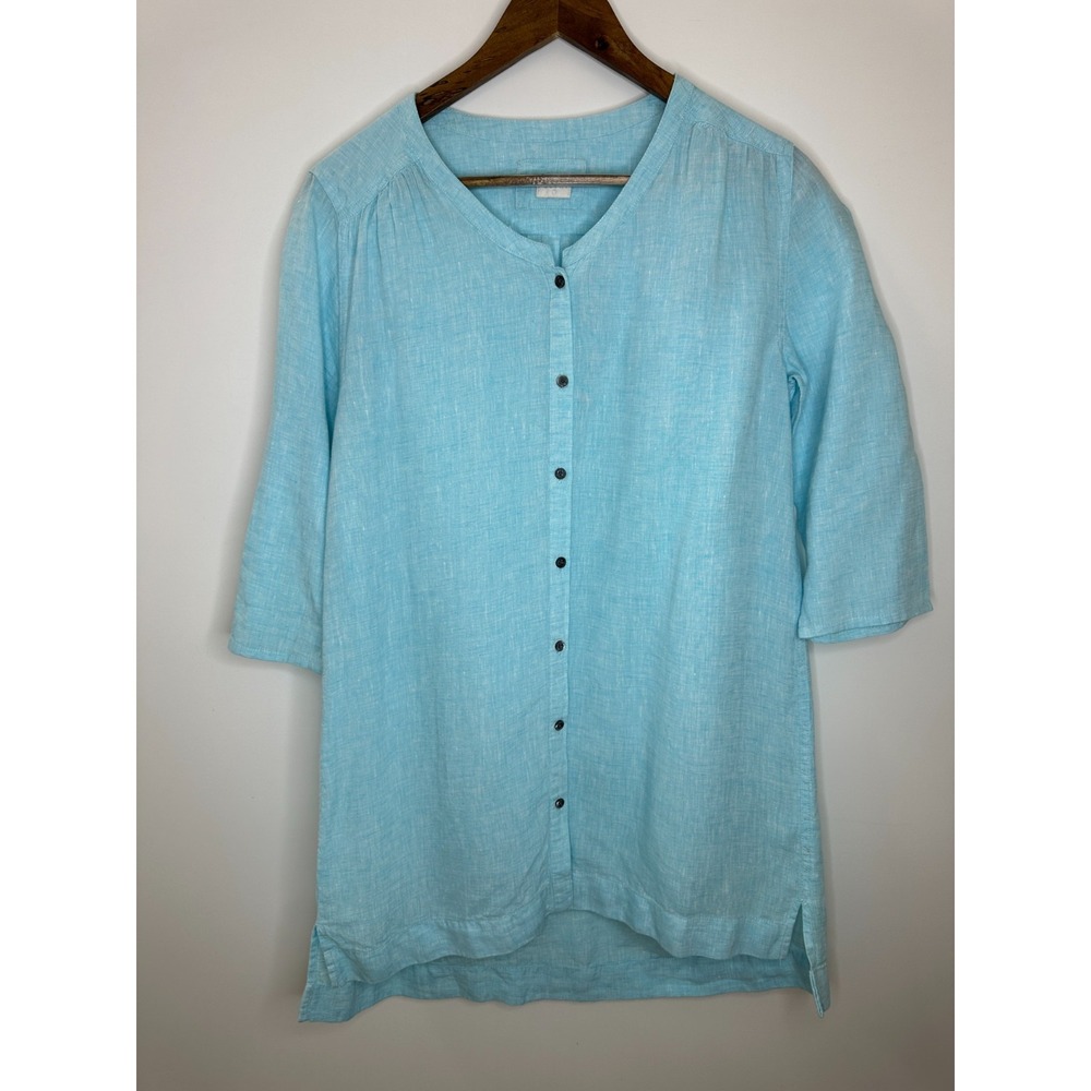 Poetry Linen Button Front Tunic Top V-Neck 3/4 Sleeve Blue Lagonlook Coastal - Picture 2 of 12